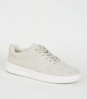 New Look Grey Leather-Look Lace-Up Trainers